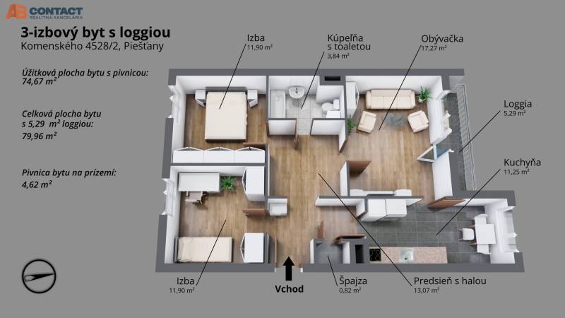 Pôdorys 3-izbový byt Komenského 2 Piešťany